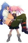  1boy 1girl blue_eyes blue_hair boots closed_mouth echo_(circa) fingerless_gloves full_body gloves holding long_hair muscular pink_hair presea_combatir regal_bryan simple_background tales_of_(series) tales_of_symphonia twintails white_background 