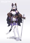  1girl absurdres animal_ears arm_warmers black_cape black_hair blue_eyes braid breasts brown_gloves cape cat_tail copyright_name desiria_(pfsoz) full_body gloves hand_on_hip highres lingxia looking_at_viewer multicolored_hair pixiv_fantasia pixiv_fantasia_scepter_of_zeraldia pouch quiver small_breasts standing sword tail thick_eyebrows two-tone_hair weapon white_hair 