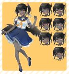  1girl :d ;d ^_^ absurdres bangs black_hair blue_footwear blue_sailor_collar blue_skirt blush closed_eyes colored_skin commission copyright_request diagonal_stripes expressions fang frilled_skirt frills glasses grey_skin highres multiple_views one_eye_closed orange_background puffy_short_sleeves puffy_sleeves red-framed_eyewear round_eyewear sailor_collar sakura_chiyo_(konachi000) see-through see-through_sleeves shirt shoes short_sleeves side_ponytail skirt smile striped striped_background tears v-shaped_eyebrows virtual_youtuber white_shirt yellow_eyes 
