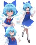  1girl absurdres bespectacled black_footwear blue_bow blue_dress blue_eyes blue_hair blush bow cirno closed_mouth collared_shirt detached_wings dress fairy full_body glasses hair_between_eyes hair_bow highres ice ice_wings mikan_(manmarumikan) multiple_views puffy_short_sleeves puffy_sleeves shirt shoes short_hair short_sleeves simple_background smile socks touhou white_background white_shirt white_socks wings 