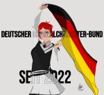 blue_eyes german_flag holding_flag leggings looking_at_viewer miniskirt original_character redhead wool_jacket