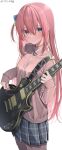  1girl absurdres black_skirt blue_eyes blush bocchi_the_rock! closed_mouth commentary_request electric_guitar gotou_hitori guitar hair_between_eyes hair_ornament highres holding holding_instrument instrument jacket kawai_ritsu_(rits_meg) long_hair long_sleeves looking_at_viewer pink_hair pink_jacket plaid plaid_skirt simple_background skirt solo sweatdrop twitter_username white_background 