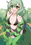  1girl alternate_costume bare_shoulders bikini black_bikini blush boomslang_(kemono_friends) commentary cowboy_shot green_eyes green_hair green_thighhighs hands_on_lap highres hood hoodie illu kemono_friends long_hair long_sleeves multicolored_hair print_hoodie redhead snake_print snake_tail solo swimsuit symbol-only_commentary tail thigh-highs 