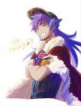  1boy baseball_cap bright_pupils cape champion_uniform commentary_request crossed_arms dark-skinned_male dark_skin facial_hair fur-trimmed_cape fur_trim gloves grin hat highres leon_(pokemon) long_hair male_focus pokemon pokemon_(game) pokemon_swsh punico_(punico_poke) purple_hair red_cape shirt smile solo star_(symbol) teeth upper_body white_pupils yellow_eyes 