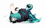  1boy =3 aqua_eyes aqua_hair bangs black_gloves blue_capelet blunt_bangs capelet chibi chinese_commentary colored_sclera dice disembodied_limb full_body fur-trimmed_capelet fur_trim gloves holding_dice looking_at_viewer looking_up lying male_focus miniboy monster_boy octopus_boy on_stomach original red_sclera short_hair simple_background solo somalia suction_cups tentacles white_background 
