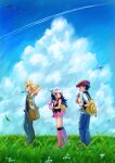  1girl 2boys absurdres arms_behind_head barry_(pokemon) black_eyes black_hair black_jacket black_shirt black_socks blonde_hair blue_hair blue_pants blue_sky boots clouds day drifloon eye_contact food from_side grass grey_pants hat highres hikari_(pokemon) holding holding_food ice_cream jacket knee_boots long_hair looking_at_another looking_back lucas_(pokemon) miniskirt multiple_boys orange_eyes outdoors pants pink_footwear pink_skirt poke_ball_print pokemon pokemon_(game) pokemon_dppt popsicle popsicle_in_mouth print_headwear profile red_headwear sawarabi_(sawarabi725) shiny shiny_hair shirt short_hair short_sleeves skirt sky sleeveless sleeveless_jacket sleeveless_shirt socks watermelon_bar white_headwear white_shirt 