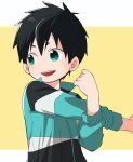  1boy 62isako black_hair commentary_request green_eyes highres long_sleeves looking_to_the_side male_child male_focus open_mouth original shirt short_hair simple_background smile solo striped striped_shirt teeth upper_body upper_teeth 