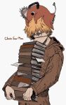  1boy animal_on_head bangs blonde_hair book book_stack brown_hoodie chainsaw chainsaw_man covered_mouth denji_(chainsaw_man) eyepatch highres holding holding_book hood hoodie looking_to_the_side on_head pochita_(chainsaw_man) short_hair simple_background solo_focus spiky_hair tasuketemama white_background yellow_eyes 