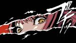  1girl bangs chainsaw_man close-up eye_focus highres ll0ejnzw0ll looking_at_viewer makima_(chainsaw_man) medium_hair parody persona persona_5 persona_eyes red_background redhead ringed_eyes sidelocks simple_background solo yellow_eyes 