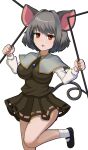 1girl absurdres animal_ears black_dress black_footwear breasts dress dual_wielding expressionless grey_hair highres holding mouse mouse_ears mouse_tail nazrin open_mouth red_eyes short_hair socks solo tail thighs touhou watafu white_background white_socks 