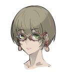  1girl biopunk brown_hair commentary_request fixro2n glasses green_eyes highres living_clothes looking_at_viewer original short_hair solo white_background 