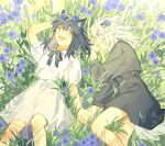  2girls :d aged_down animal_ears arknights black_dress black_hair black_ribbon blue_eyes blush day dress flower grass hair_flower hair_ornament highres holding_hands lappland_(arknights) long_hair long_sleeves lying multiple_girls neck_ribbon on_back on_grass on_side outdoors parted_lips purple_flower ribbon short_sleeves smile tail texas_(arknights) white_dress white_hair wolf_ears wolf_girl wolf_tail yanfenguogao yellow_eyes 