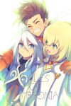  1girl 2boys blonde_hair brown_hair choker closed_mouth colette_brunel copyright_name dress echo_(circa) genis_sage gloves green_eyes jewelry lloyd_irving long_hair multiple_boys open_mouth red_shirt shirt simple_background smile tales_of_(series) tales_of_symphonia white_background 
