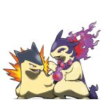  blacknirrow english_commentary fire half-closed_eyes hisuian_typhlosion no_humans open_mouth pokemon pokemon_(creature) purple_fire red_eyes sharp_teeth simple_background standing teeth typhlosion white_background 