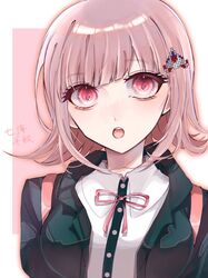  1girl :o backpack bag bangs black_jacket border breasts brown_hair collared_shirt danganronpa_(series) danganronpa_2:_goodbye_despair dress_shirt galaga hair_ornament jacket large_breasts medium_hair nanami_chiaki neck_ribbon neru_(ikizigoku_031) open_clothes open_jacket pink_background pink_eyes pink_ribbon ribbon shiny shiny_hair shirt solo teeth translation_request upper_body upper_teeth white_border 