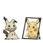  :3 black_eyes blacknirrow bright_pupils broken_glass broken_mirror closed_mouth different_reflection english_commentary glass looking_at_mirror mimikyu mirror no_humans pikachu pokemon pokemon_(creature) reflection simple_background smile tape white_background white_pupils 