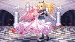 2girls bettle_(b_s_a_n) blonde_hair bow butterfly_hair_ornament cendrillon_(vocaloid) dancing dress elbow_gloves epaulettes frilled_dress frills gloves gold_trim hair_bow hair_ornament high_heels himekuma_ribon indoors long_hair multiple_girls official_art petals pink_bow pink_dress pink_gloves pink_hair stairs statue tile_floor tiles usami_yuno virtual_youtuber white_gloves 