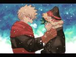  2boys bakugou_katsuki black_coat black_headwear blonde_hair blush boku_no_hero_academia breath brown_gloves closed_mouth coat commentary_request flower from_side fur-trimmed_coat fur-trimmed_headwear fur_trim gaagyeo gloves green_eyes green_hair hat hat_flower highres holding holding_flower korean_commentary letterboxed long_sleeves looking_at_another male_focus midoriya_izuku multiple_boys open_mouth red_eyes red_scarf scarf short_hair snowing spiky_hair upper_body winter_clothes 