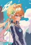  1girl absurdres animal_ears blue_archive blue_sky closed_mouth clouds day flower hair_flower hair_ornament hairband highres jacket long_hair lovelyme mari_(blue_archive) mari_(gym_uniform)_(blue_archive) official_alternate_costume orange_hair sky smile track_jacket white_hairband 