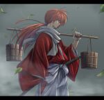  1boy blue_eyes bucket falling_leaves fog hakama himura_kenshin itouei japanese_clothes katana kimono leaf long_hair male_focus orange_hair ponytail redhead rurouni_kenshin sheath solo sword weapon 