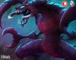  artist_name cho&#039;gath claws colored_sclera colored_skin green_sclera league_of_legends monster nawka_(nawkaarts) no_pupils open_mouth patreon_logo red_skin sharp_teeth solo teeth 