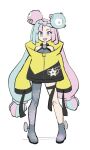 1girl absurdres bow-shaped_hair character_hair_ornament formerly grey_pantyhose hair_ornament hexagon_print highres iono_(pokemon) jacket long_hair low-tied_long_hair oversized_clothes pantyhose pokemon pokemon_(game) pokemon_sv sharp_teeth simple_background single_leg_pantyhose sleeves_past_wrists solo teeth twintails very_long_sleeves white_background x yellow_jacket