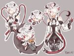  1girl ^_^ animification apex_legends black_bodysuit black_gloves blood_moon_catalyst bodysuit cable catalyst_(apex_legends) chibi closed_eyes colored_tips gloves grey_background grey_hair hair_over_one_eye heart jacket jing_hua_sen_yu multicolored_hair multiple_views official_alternate_costume red_eyes redhead sitting smile white_jacket 