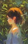  1girl brown_hair closed_mouth dappled_sunlight day fjsmu from_side glasses highres leaf looking_to_the_side original outdoors plant profile shirt short_hair solo sunlight upper_body white_shirt 
