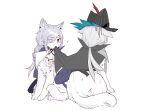  1boy 1girl absurdres animal animalization arknights black_cape black_headwear braid cape cat gladiia_(arknights) grey_hair hair_over_one_eye hat highres huayinglianpiangushixun long_hair low_ponytail mouth_hold no_humans ponytail red_eyes simple_background single_braid sweat ulpianus_(arknights) very_long_hair white_background 