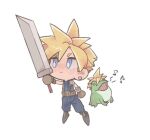  1boy arm_up armor blonde_hair blue_eyes boots brown_footwear brown_gloves buster_sword chibi cloud_strife earrings final_fantasy final_fantasy_vii frog full_body gloves holding holding_weapon huge_weapon jewelry musical_note shoulder_armor spiky_hair standing tasituma2 weapon white_background 