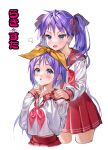  2girls absurdres aina_156cm bangs blue_eyes blush bow commentary_request cowboy_shot hair_bow hair_ribbon hairband highres hiiragi_kagami hiiragi_tsukasa long_hair long_sleeves lucky_star midriff_peek multiple_girls neckerchief open_mouth parted_lips purple_hair purple_ribbon red_neckerchief red_sailor_collar red_skirt ribbon ryouou_school_uniform sailor_collar school_uniform serafuku short_hair siblings simple_background sisters skirt twins twintails upper_body white_background yellow_hairband yellow_ribbon 