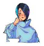  1girl animification apex_legends artist_name black_hair blue_eyes blue_hair blue_sweater blush catalyst_(apex_legends) eyeshadow hair_over_one_eye heart heart_in_eye highres makeup multicolored_hair nekcihc pink_hair portrait purple_eyeshadow short_hair solo streaked_hair sweater symbol_in_eye twitter_username white_background 