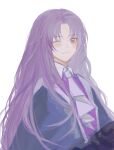  1other androgynous bangs blue_coat blush closed_mouth coat collared_shirt highres len&#039;en light_blush long_hair long_sleeves necktie one_eye_closed purple_hair purple_shirt shinihaochidezongzong shirt smile solo white_background wilhelm_von_clausewitz_halcyon_hisuimaru 