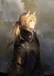  1boy absurdres animal_ear_fluff animal_ears arknights black_coat blonde_hair closed_mouth clouds cloudy_sky coat day extra_ears from_side gauntlets highres horse_ears long_hair looking_away looking_up male_focus mlynar_(arknights) outdoors ponytail profile red_eyes single_gauntlet sky sunlight upper_body 