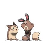  aqua_eyes blacknirrow bright_pupils english_commentary evolutionary_line furret looking_at_another no_humans open_mouth pokemon pokemon_(creature) sentret simple_background striped_tail tail white_background white_pupils 