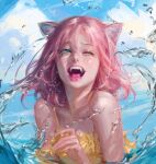  1girl absurdres animal_ears bare_shoulders blue_eyes bm94199 cat_ears cat_girl commentary commission english_commentary happy highres medium_hair one_eye_closed open_mouth original partially_submerged pink_hair realistic simple_background solo splashing tearing_up teeth tongue upper_body water 