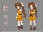  1girl aerith_gainsborough bangs belt belt_bow black_belt boots bow bowtie brown_footwear female_child final_fantasy final_fantasy_vii final_fantasy_vii_remake full_body green_eyes grey_background hair_ribbon highres long_hair looking_at_viewer looking_back multiple_views official_art orange_shirt orange_skirt parted_bangs parted_lips pink_ribbon ponytail red_bow red_bowtie reference_sheet ribbon roberto_ferrari sailor_collar shirt short_sleeves sidelocks skirt socks solo square_enix standing wavy_hair white_sailor_collar white_socks 