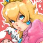  1girl blonde_hair blue_eyes blush breasts crown dress earrings elbow_gloves gem gloves hair_between_eyes hand_to_own_mouth heart heart-shaped_pupils jewelry long_hair lowres medium_breasts mini_crown pink_dress princess_peach puckered_lips puffy_short_sleeves puffy_sleeves short_sleeves solo super_mario_bros. symbol-shaped_pupils teko_(tawake) upper_body white_gloves 
