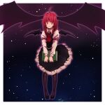  1girl ahoge bat_wings book earth_(planet) frown full_body furrowed_brow holding holding_book koakuma large_head_wings long_hair looking_at_viewer necktie outer_glow pantyhose pigeon-toed planet redhead solo space star_(sky) tierra_misu touhou wavy_mouth wings 