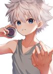  1boy bare_shoulders blue_eyes commentary commentary_request grey_shirt hair_between_eyes highres hunter_x_hunter killua_zoldyck looking_at_viewer male_child male_focus pentagram shirt short_hair simple_background solo spiky_hair tank_top teeth usami_(usami_l) white_hair yo-yo 