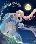  1girl absurdres adjusting_hair colored_tips detached_sleeves dress dutch_angle fish floating_hair full_moon genshin_impact gloves gradient_hair half_gloves highres kate_(shootingstar) moon multicolored_hair navel night night_sky open_mouth partially_submerged pink_hair purple_hair sangonomiya_kokomi short_shorts shorts sky sleeveless sleeveless_dress solo splashing thigh-highs violet_eyes vision_(genshin_impact) water white_gloves white_shorts white_thighhighs wide_sleeves wind 