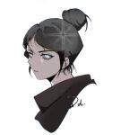  1girl apex_legends bangs black_hair black_scarf blue_eyes chinese_commentary closed_mouth expressionless eyelashes from_side hair_behind_ear hair_bun highres looking_at_viewer parted_bangs scarf shandong_jiewen_gaoshou simple_background single_hair_bun solo white_background wraith_(apex_legends) 