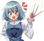  1girl :d between_fingers blue_eyes blue_hair breasts cross-laced_clothes hayashida_chiyo heterochromia highres holding juliet_sleeves long_sleeves looking_at_viewer open_mouth puffy_sleeves red_eyes shirt short_hair simple_background smile solo star_(symbol) tatara_kogasa touhou upper_body white_background white_shirt 