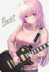  1girl bangs blue_eyes blush bocchi_the_rock! breasts closed_mouth electric_guitar gotou_hitori guitar highres instrument jacket long_hair long_sleeves looking_at_viewer medium_breasts music nervous_smile one_side_up pink_hair pink_jacket playing_instrument plectrum primamiya simple_background smile solo track_jacket very_long_hair white_background 
