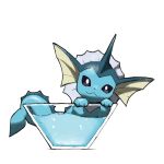  :3 black_eyes blacknirrow bright_pupils closed_mouth english_text fins head_fins in_container looking_at_viewer no_humans partially_submerged pokemon pokemon_(creature) simple_background smile solo vaporeon water white_background white_pupils 