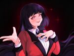  1girl absurdres bangs black_background black_hair blunt_bangs breasts buttons collared_shirt formal hand_on_own_chest highres hime_cut hyakkaou_academy_uniform jabami_yumeko kakegurui kumaartsu large_breasts long_hair long_sleeves open_mouth red_eyes red_suit school_uniform shirt solo sparkle suit 