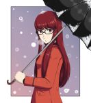  1girl absurdres bangs coat ememtrp glasses gradient gradient_background highres long_hair looking_at_viewer orange_coat pale_skin persona persona_5 persona_5_the_royal red_eyes redhead simple_background snow solo solo_focus umbrella yoshizawa_sumire 