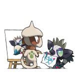  blacknirrow canvas_(object) closed_mouth floppy_ears grafaiai green_eyes holding holding_own_tail holding_paper looking_at_another no_humans paint painting_(object) palette_(object) paper pokemon pokemon_(creature) simple_background smeargle smile standing tail white_background 