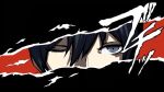  1boy bangs black_hair chainsaw_man close-up eye_focus hair_between_eyes hayakawa_aki highres ll0ejnzw0ll looking_at_viewer one_eye_closed parody persona persona_5 persona_eyes red_background short_hair solo style_parody 