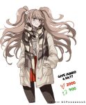  1girl alternate_costume bangs bear_hair_ornament black_pantyhose brown_jacket brown_scarf brown_sweater collarbone criis-chan cropped_legs danganronpa:_trigger_happy_havoc danganronpa_(series) english_text enoshima_junko grey_eyes hair_ornament hand_in_pocket hand_up hands_in_pockets jacket like_and_retweet long_hair long_sleeves miniskirt multicolored_clothes multicolored_scarf nail_polish open_clothes open_jacket pantyhose parted_lips plaid plaid_scarf red_nails red_skirt scarf shiny shiny_hair simple_background skirt sleeves_past_wrists smile solo sweater sweater_tucked_in twintails twitter_strip_game twitter_username white_background 